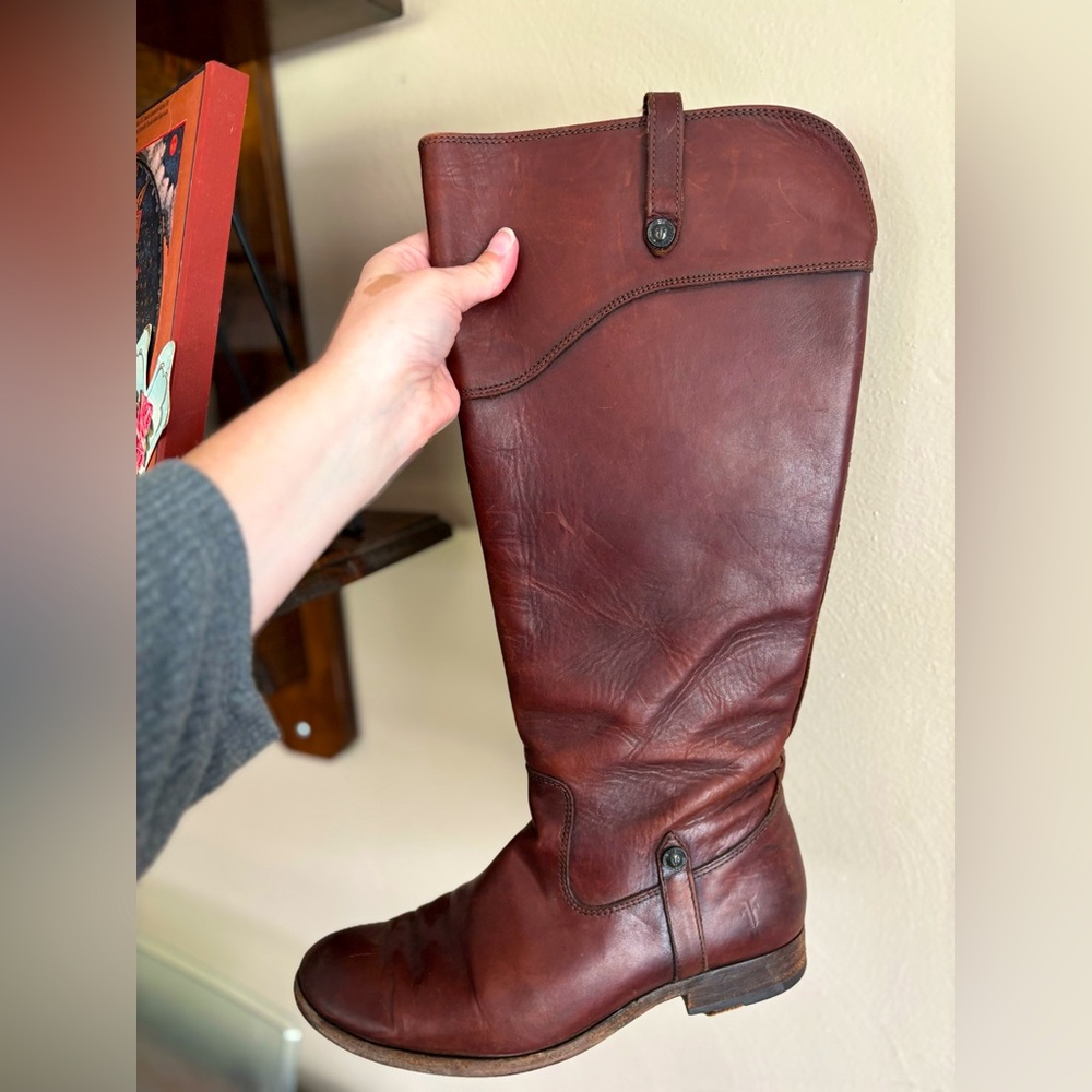 Frye Melissa Riding Boots – Size 8 1/2 Extended Calf, Brown Leather